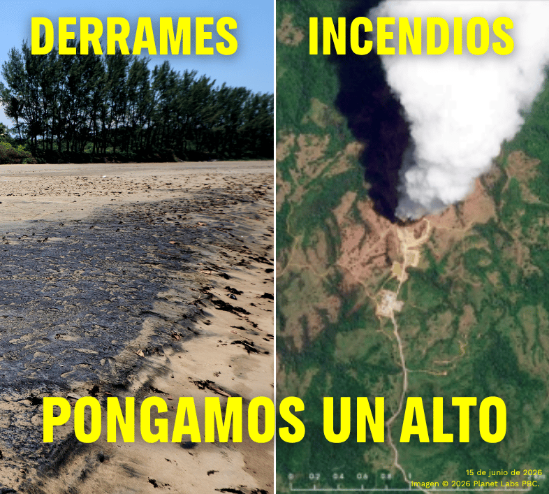 Fotografía de un derrame y un incendio, con el texto "pongamos un alto"